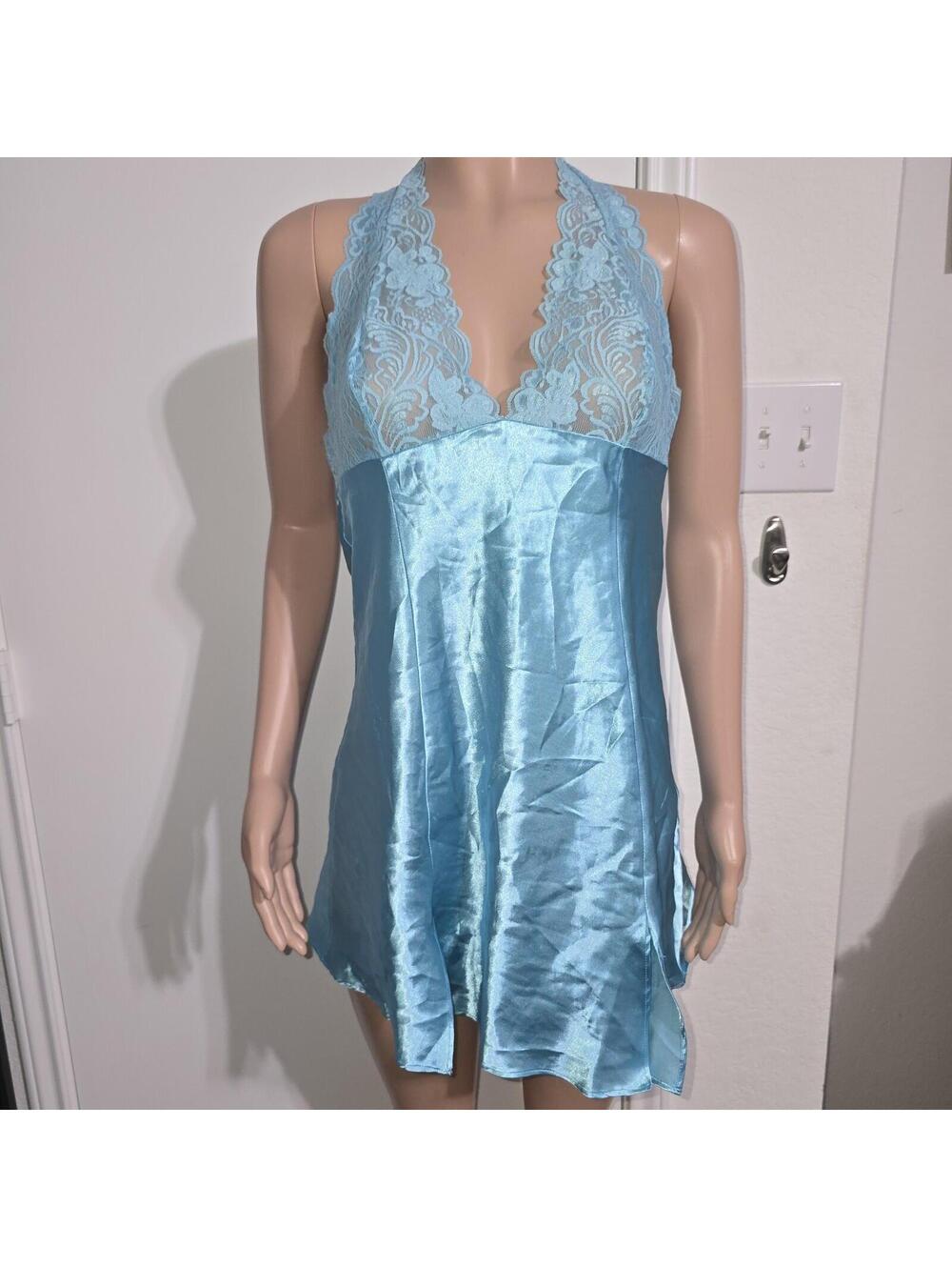 Fredericks Of Hollywood Babydoll Light Blue Satin Lingerie Dress Sz L Chemise